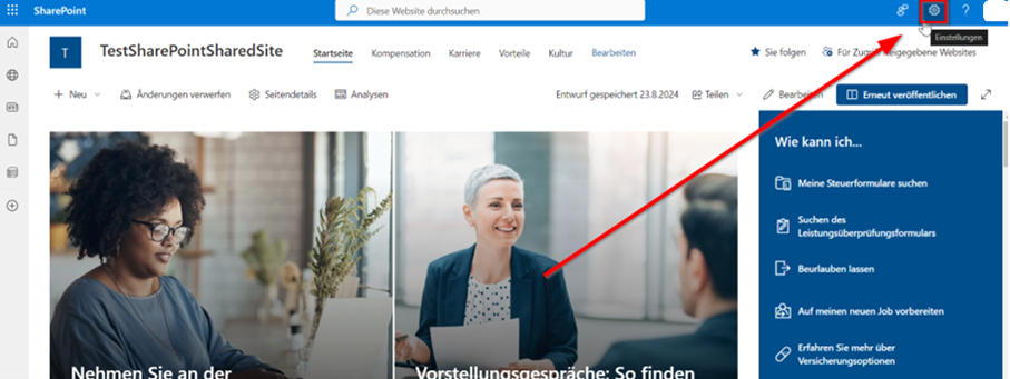 Screenshot der SharePoint-Startseite. Die Einstellungen befinden sich in der oberen Taskleiste, vor dem Hilfe-Button.