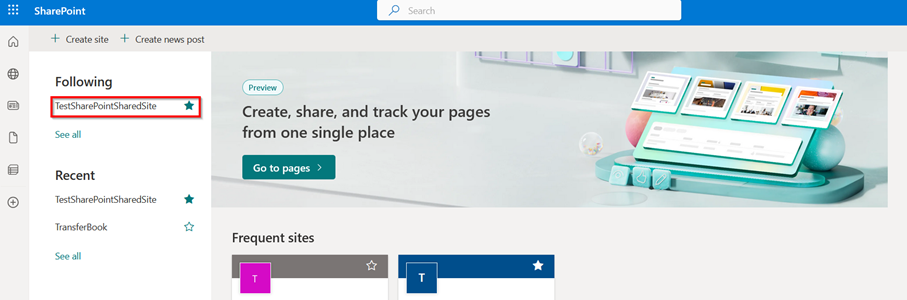 Screenshot of the SharePoint home page. Your SharePoint sites are listed in the section "Following".