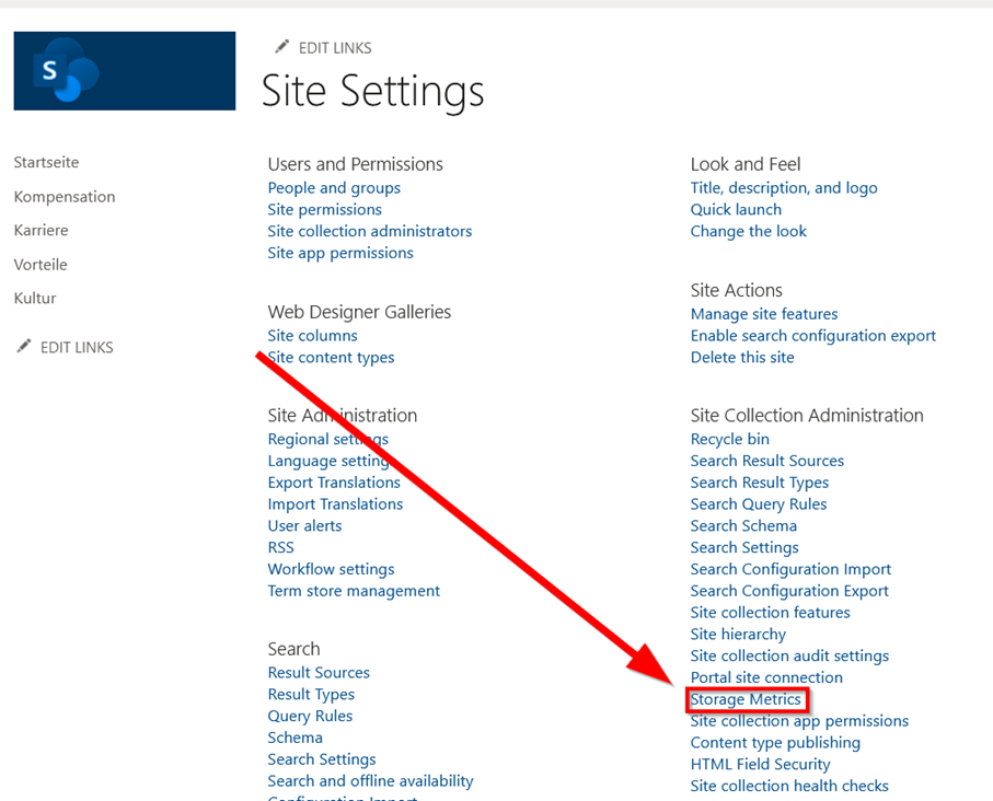 Screenshot of the website settings. The storage metrics are located in the "Site Collection Administration" section, between "Portal site connection" and "Site collection app permissions".