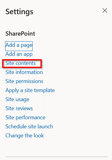 Screenshot of the settings. "Site contents" is located in the "SharePoint" area, between "Add app" and "Site information".