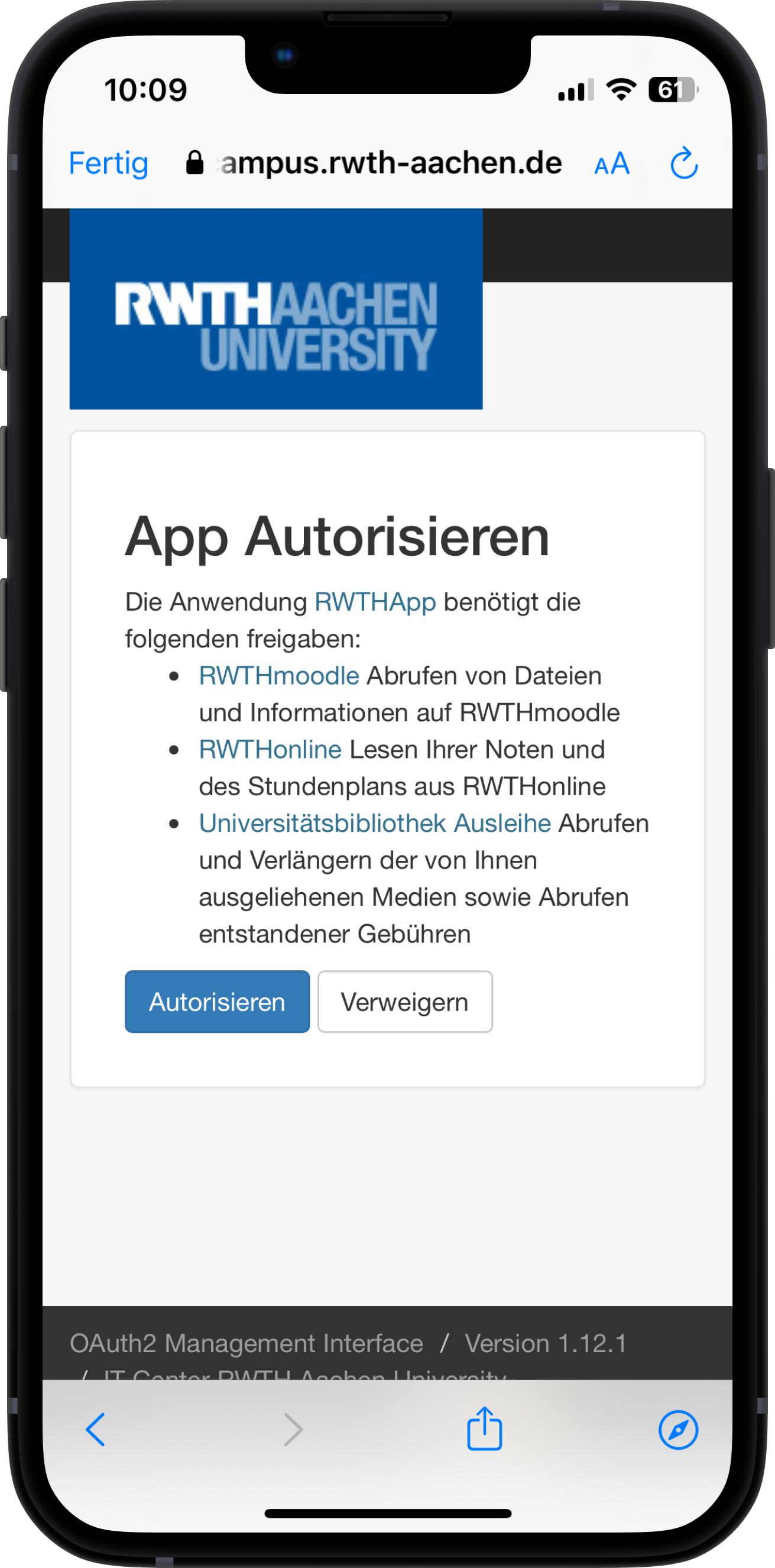 Screenshot der Autorisierungsseite. Unter "App Autorisieren" werden die benötigten Autorisierungen aufgelistet. Sie können " Autorisieren " oder " Verweigern " auswählen.