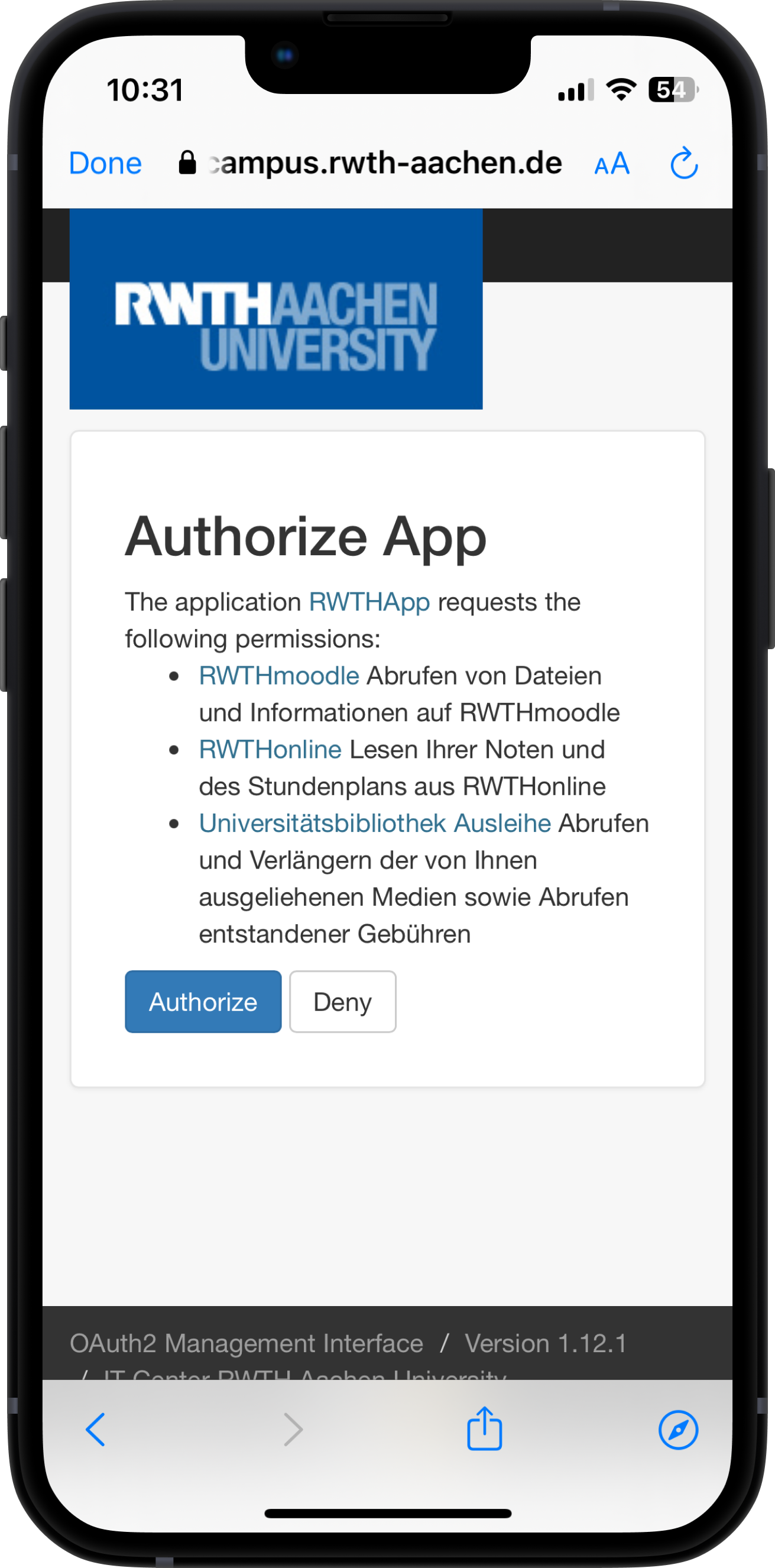 Screenshot of the permissions page. Under "Authorize App" the required permissions are listed. You can select "Authorize" or "Deny".
