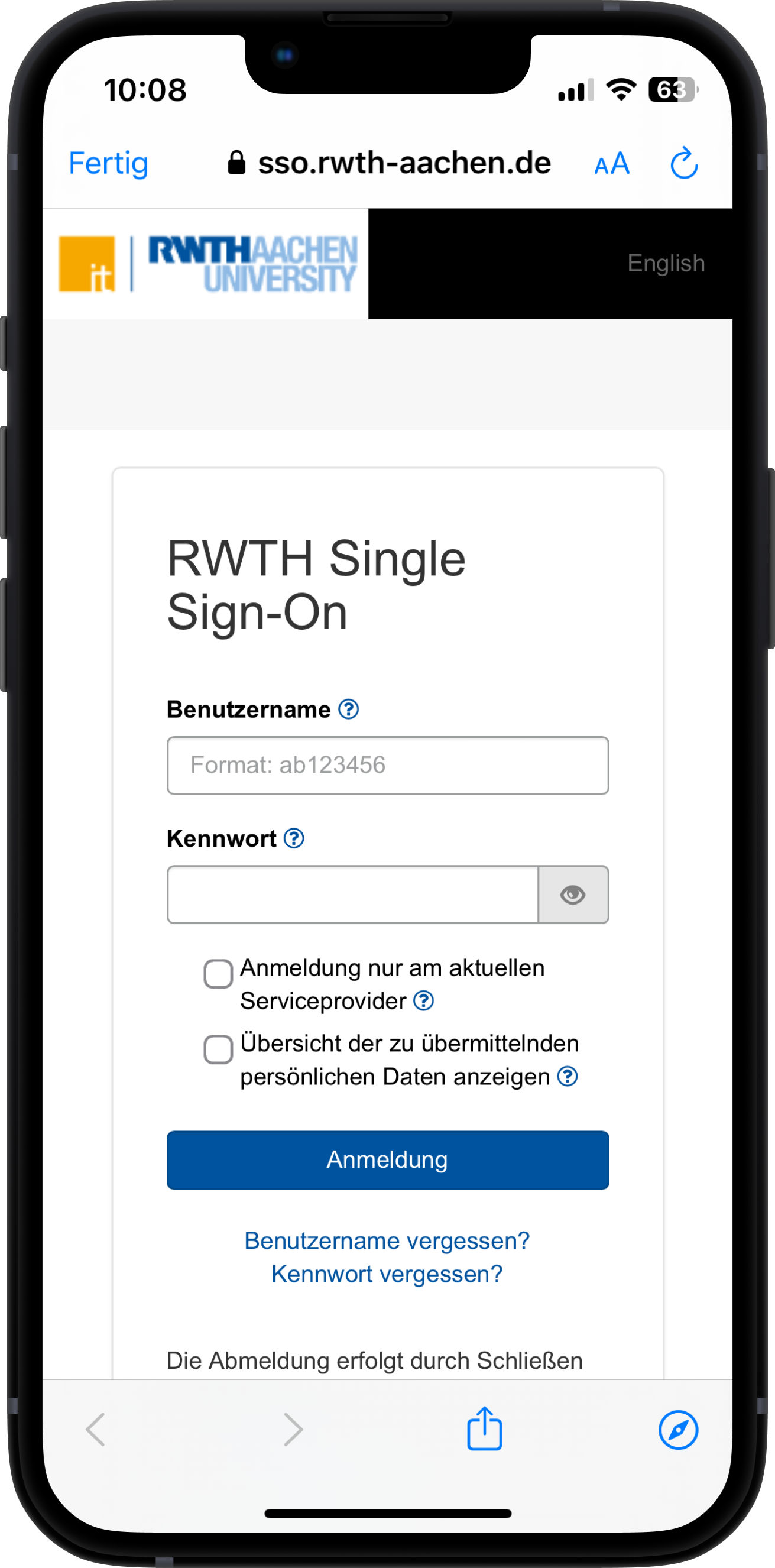 Screenshot der Loginseite. Oben steht "RWTH Single Sign-On". Darunter befindet sich ein Feld für den Benutzernamen (im Format ab123456) und ein Feld für das Passwort. 