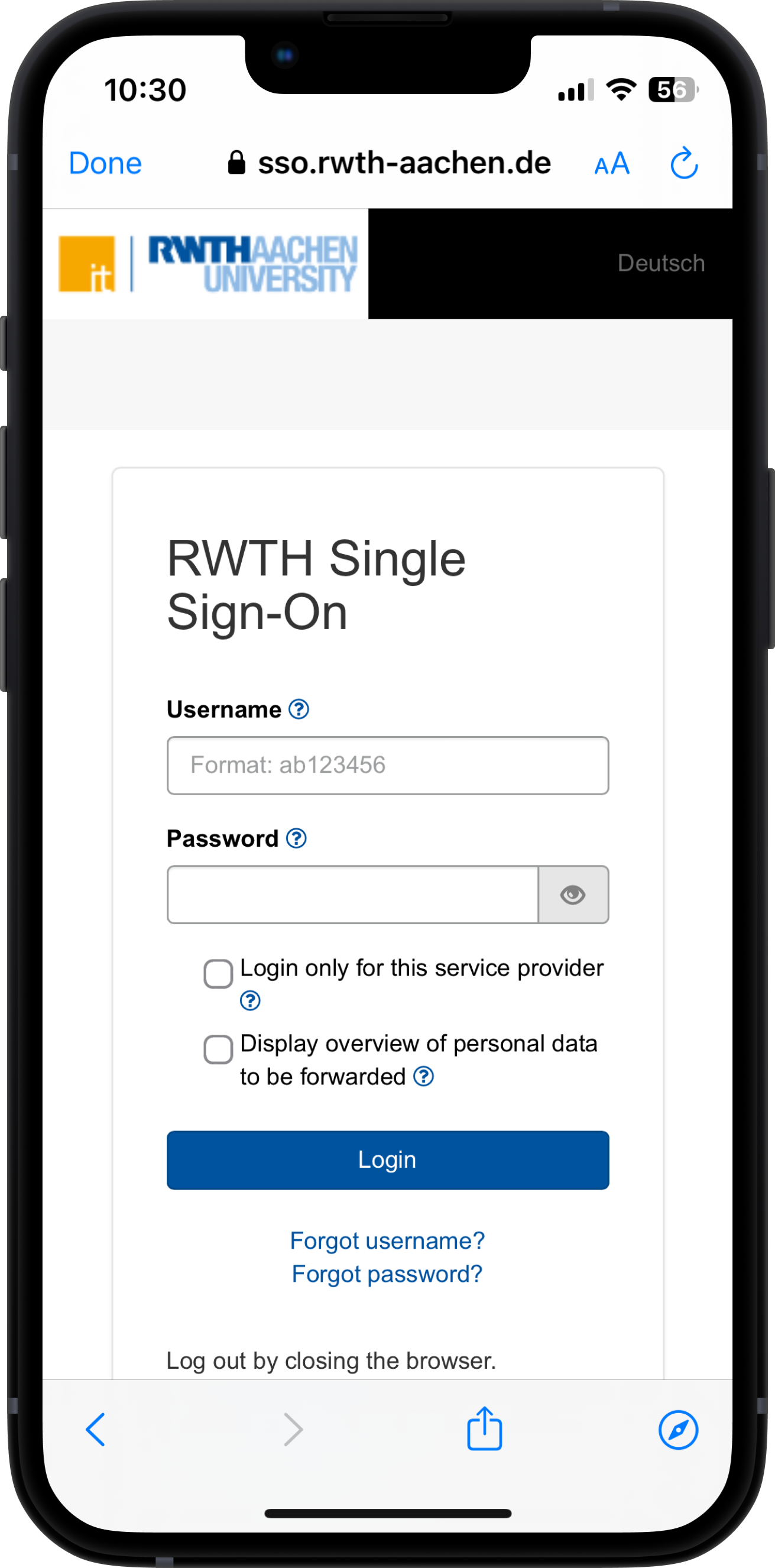 Screenshot of the login page. The page is titled "RWTH Single Sign-On". Below it, you can enter your username (in the form "ab123456") and your password.