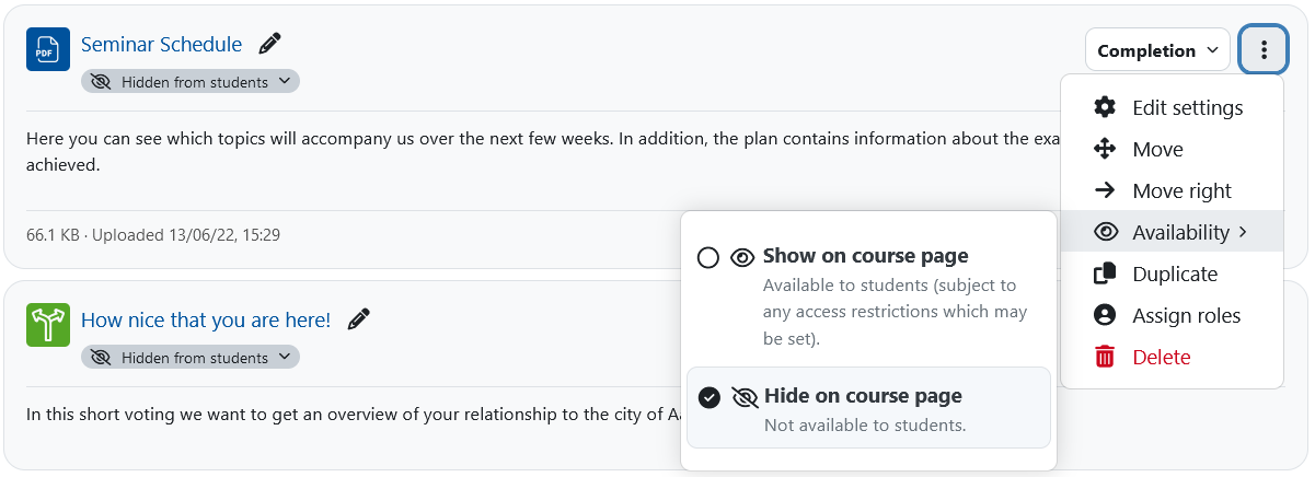 Screenshot: A resource with the context menu and the selected options "Availability" and "Hide on course page".