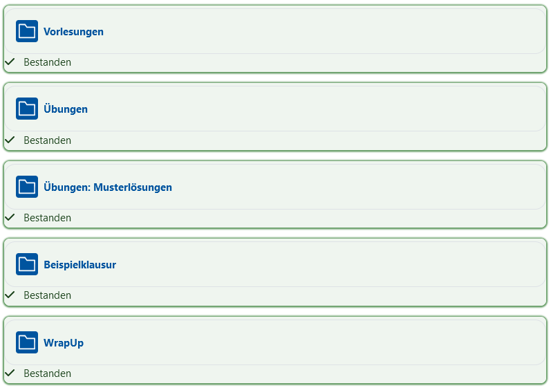 Screenshot: Grün markierte Aktivitätskacheln mit dem Hinweis "Bestanden"