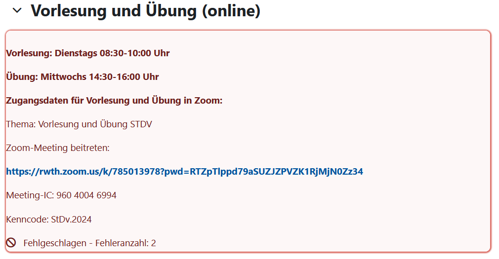 Screenshot: Rot markiertes Text- und Medienfeld mit Angaben zu einer Vorlesung und Übung und dem Hinweis "Fehlgeschlagen - Fehleranzahl: 2"