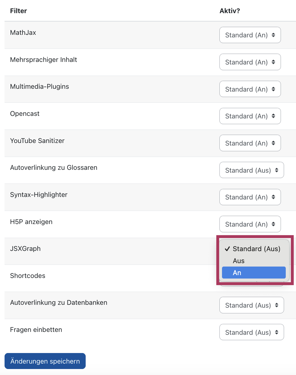 Screenshot der Filterliste. Die Einstellung für den Filter JSXGraph ist auf "An" gesetzt und rot hervorgehoben.