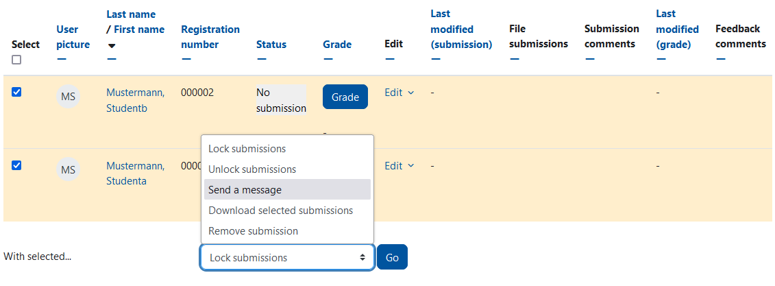 Screenshot: Solution overview with two students selected. In the menu "With selected", the option "Send a message" is marked.