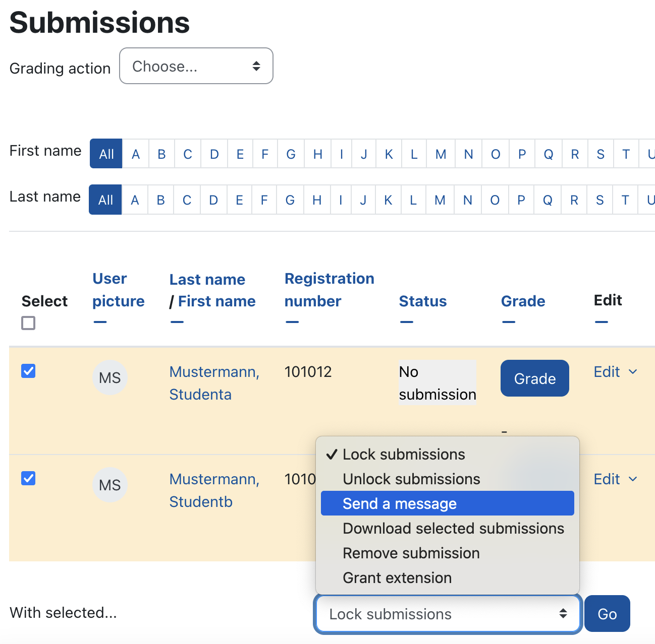 Screenshot of the assignment submission page with two students selected. At the bottom of the page the dropdown action menu "With selected..." is opened and the option "Send message" is chosen