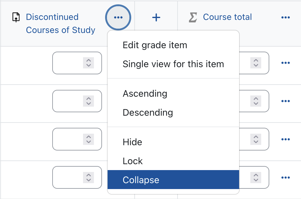 Screenshot of the grader report with the three-dot menu of a grade item expanded. It shows the options to edit the item, display the single view, sort ascending and descending, hide, lock, and collapse