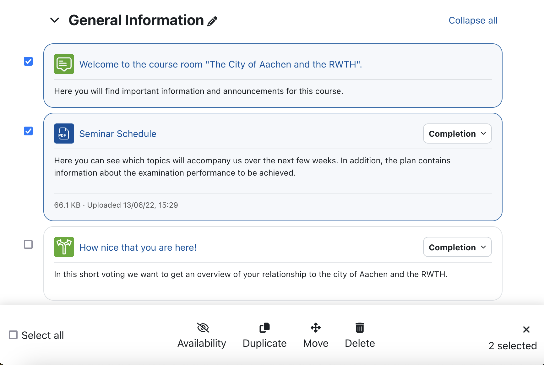 Screenshot of the course page with the bulk actions option activated. The activities can be chosen via a checkbox in front of their titel. An action bar at the bottom of the page shows the possible actions, i.e. Select all, Availability, Duplicate, Move and Delete.