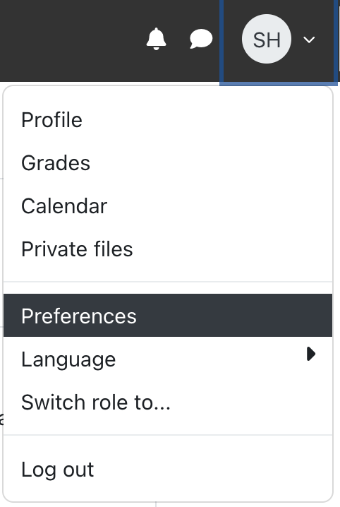 Screenshot of the personal settings area which opens when clicking on the display name in the upper right corner of the page