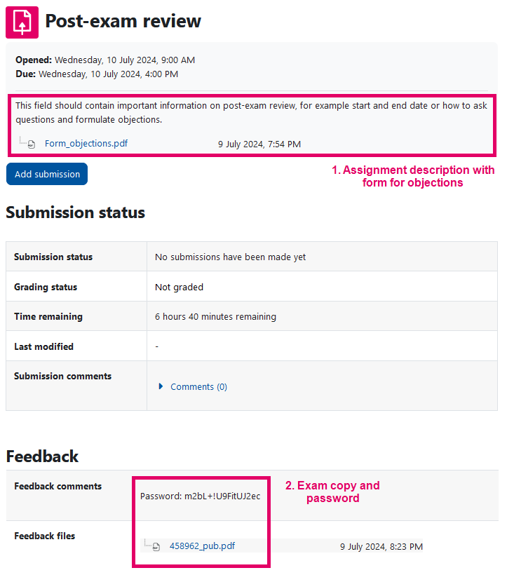 Screenshot: Assignment activity prepared for post-exam review from a student's perspective. The assignment description is placed in the upper area with the form for objections. Below in the "Feedback" section, the exam file is available together with the password.