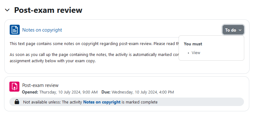 Screenshot: Course page from a student's perspective before the start of the post-exam review. The section and the two activities as well as the restrictions are visible. The text page is a clickable link.