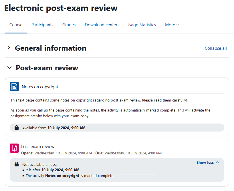 Screenshot: Course page from a student's perspective before the start of the post-exam review.  The section and the two activities as well as the restrictions are visible. The activities are not clickable.