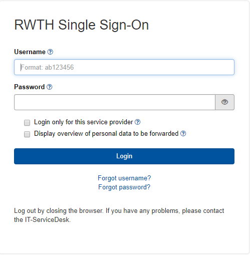 The picture shows the RWTH Single Sign-On mask