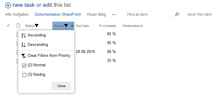 task list filtered according to priority