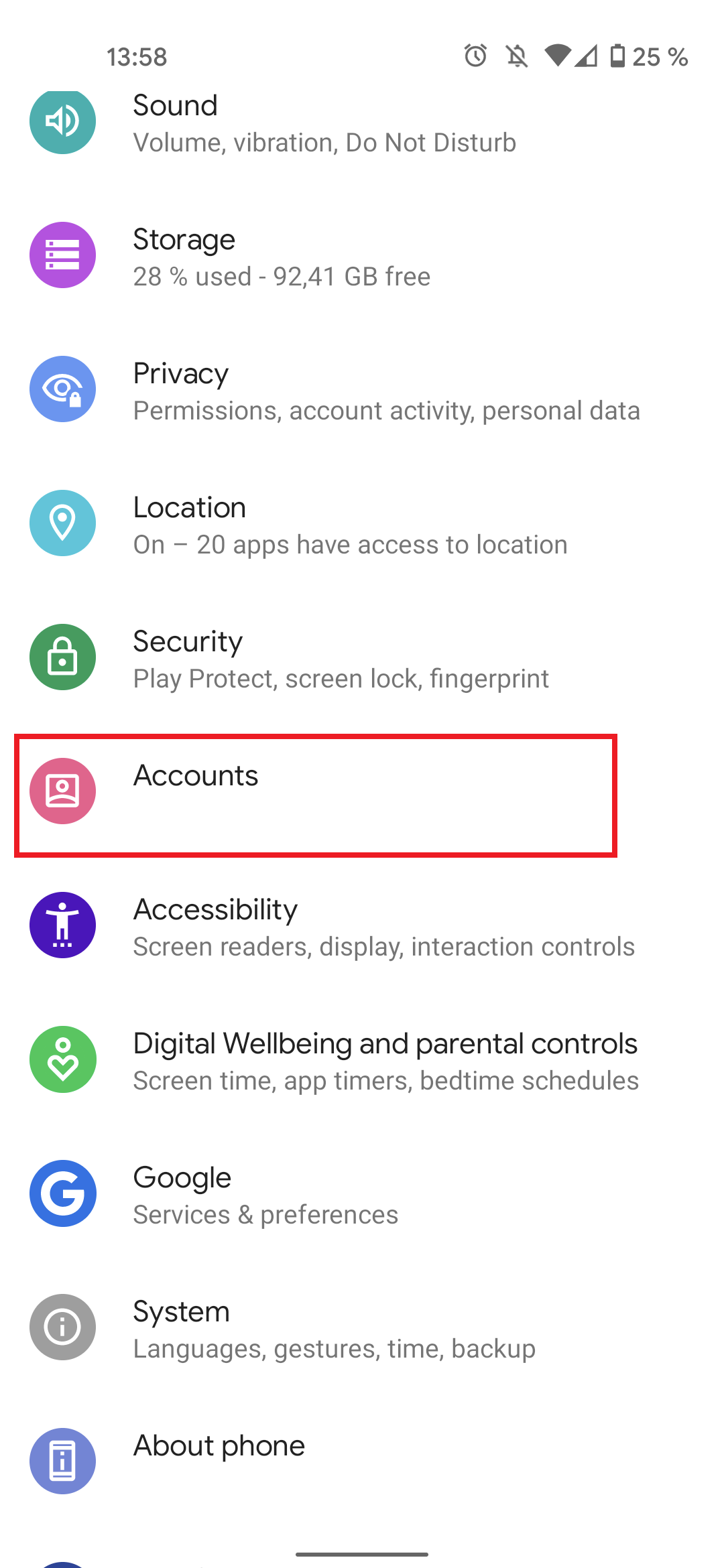 Android settings accounts