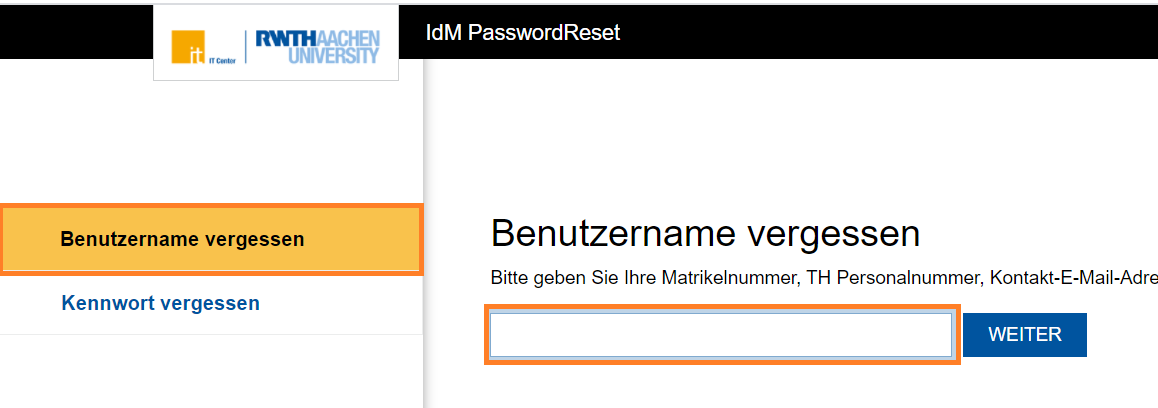 PasswordReset - Benutzername vergessen