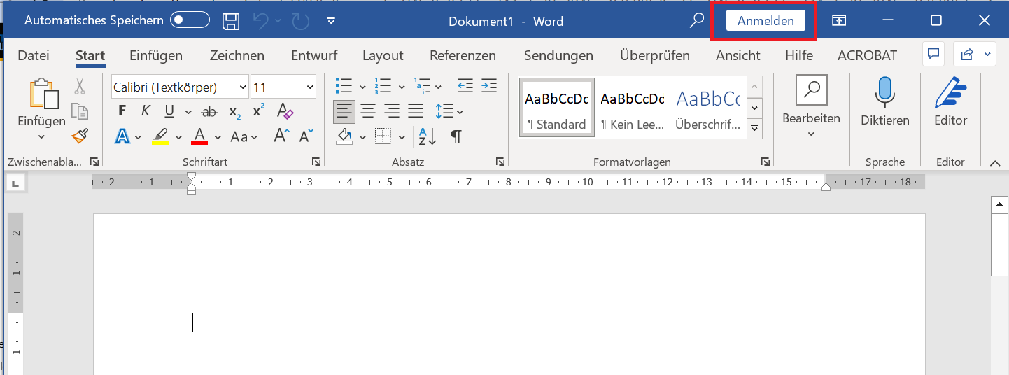 Anmeldung mit eigenem Konto in Microsoft Word