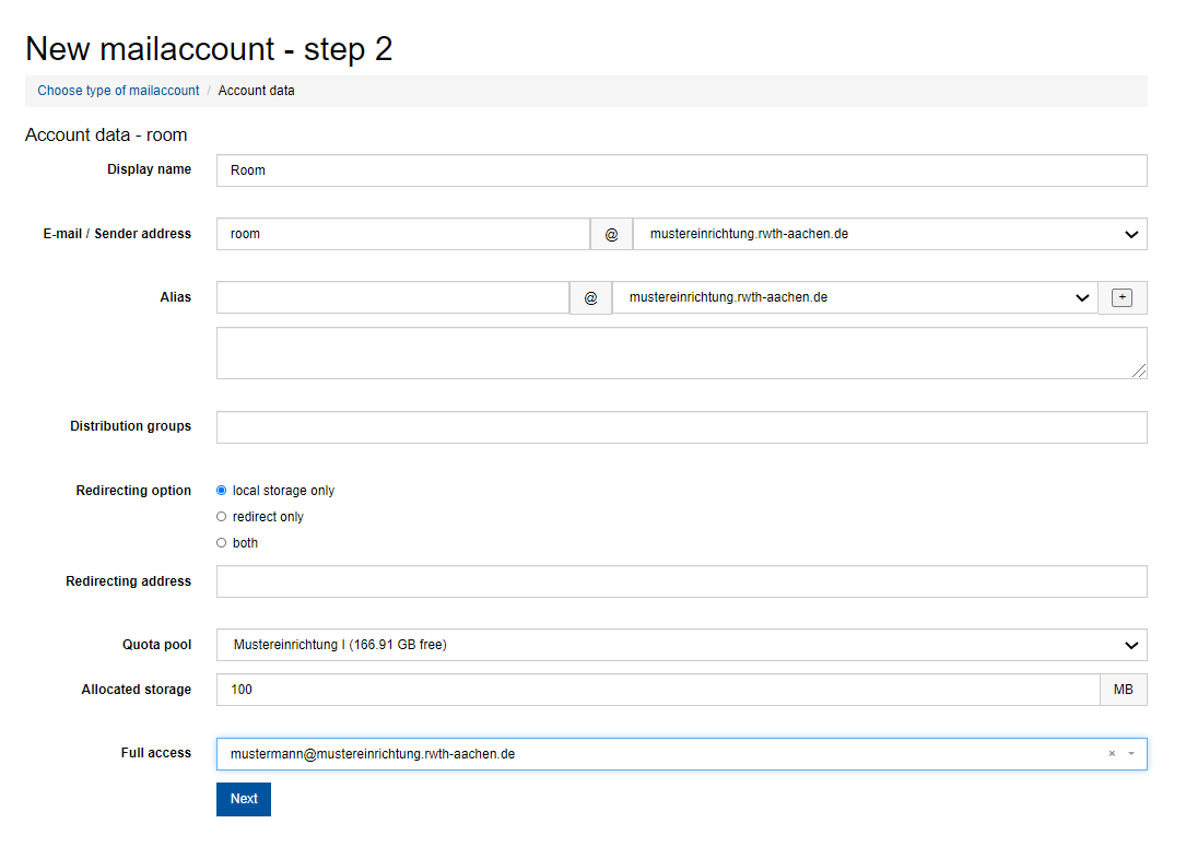 The picture shows step 2 in the process "New mail account"