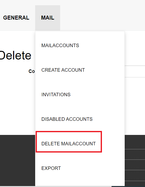 The picture shows the MailAdm option "Delete mail account"