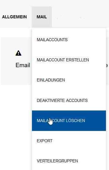 Das Bild zeigt die Option "Mailaccount löschen" in MailAdm