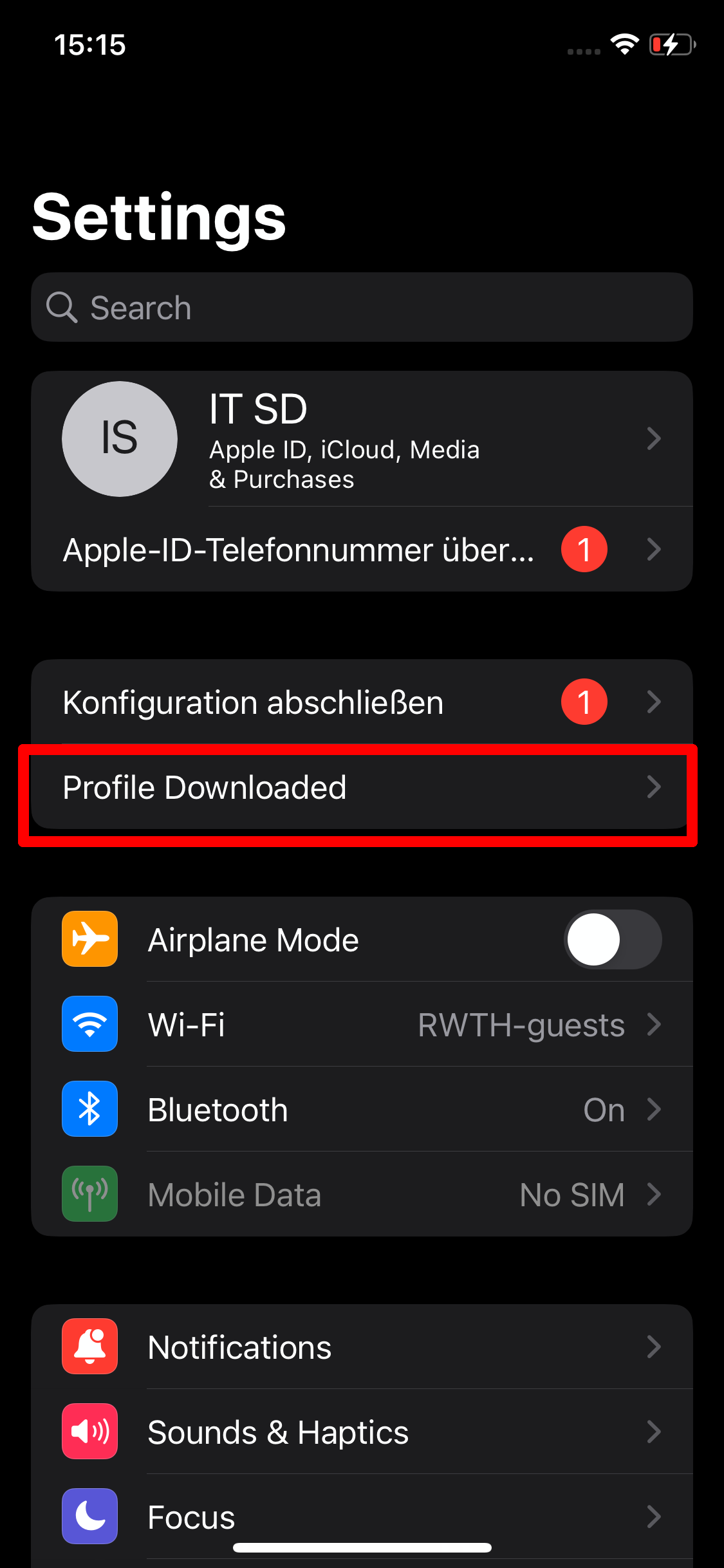 Selecting the profile from settings