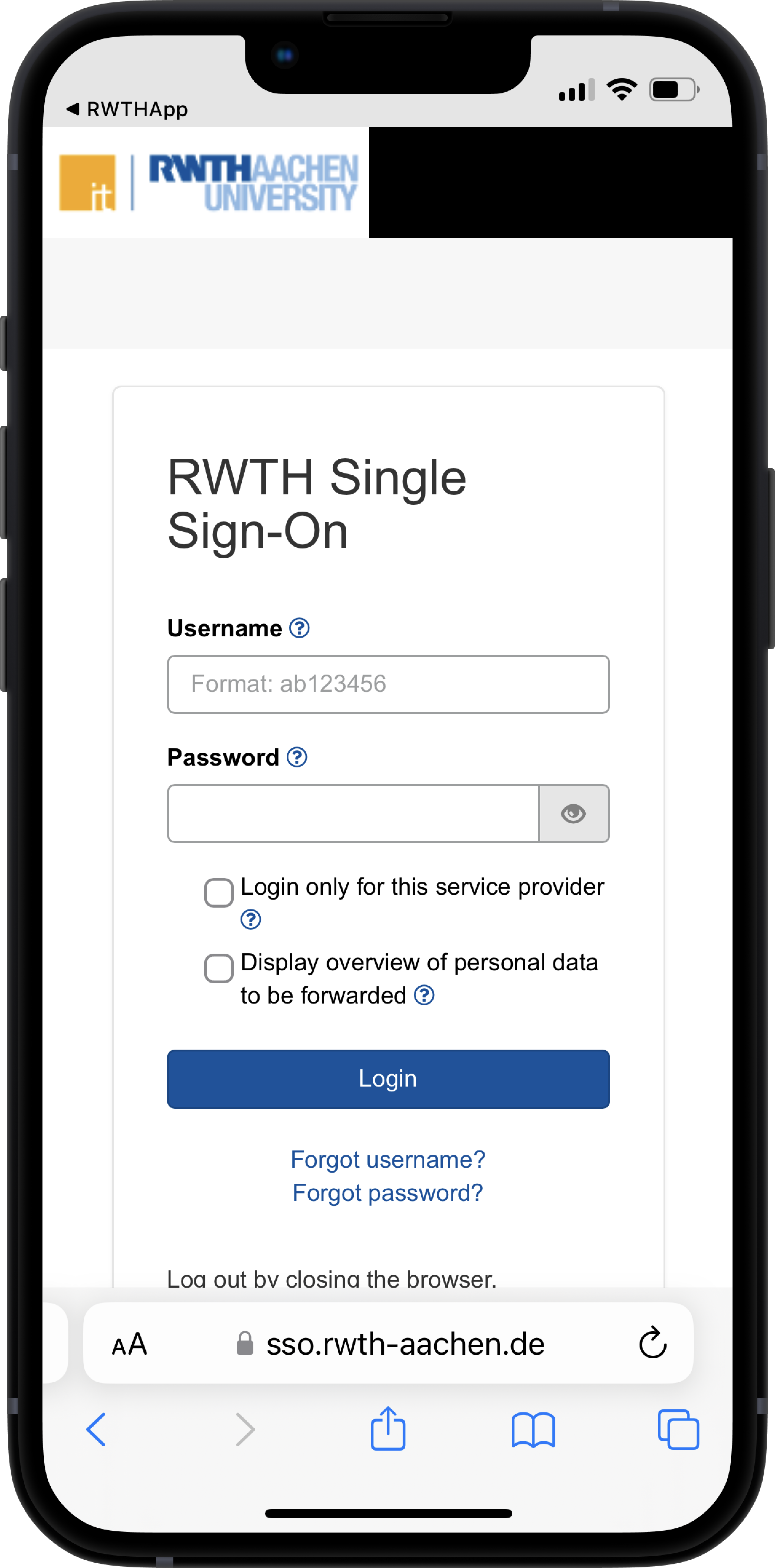 Logging in via the RWTH Single Sign-On
