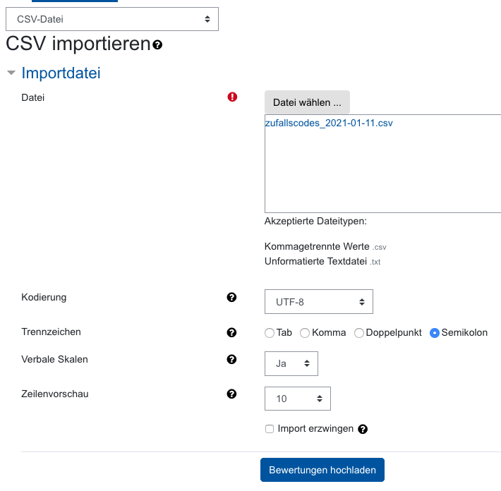 Screenshot Einstellungen für CSV-Import