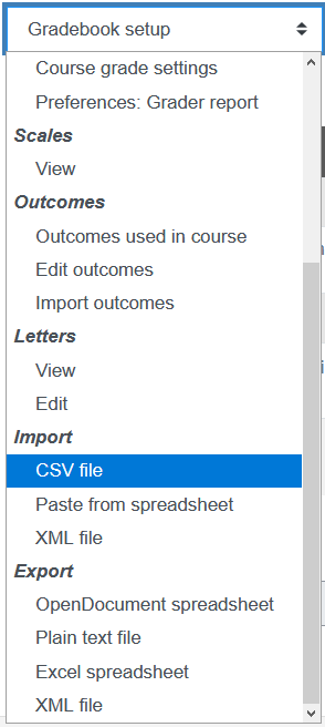 Screenshot selection of CSV import for grades