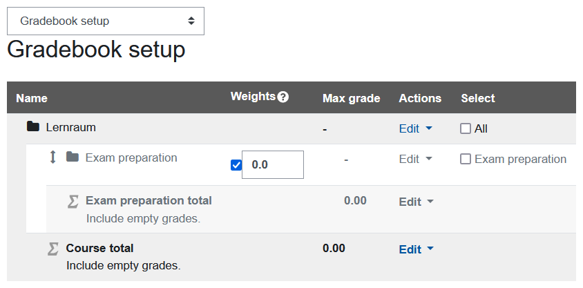 Screenshot Setup for the new catagory in the gradebook setup