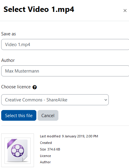 The screenshot shows a dialogue for adding information to the file entry. It shows the fields "Save as" to use a different file name, "Author" for adding one or more authors, and "Choose licence", which is set to "Creative Commons - ShareAlike". The buttons "Select this file" and "Cancel" are available below. The lower part of the screenshot shows file details like "Last modified", "Created", "Size", "Licence", and "Author".