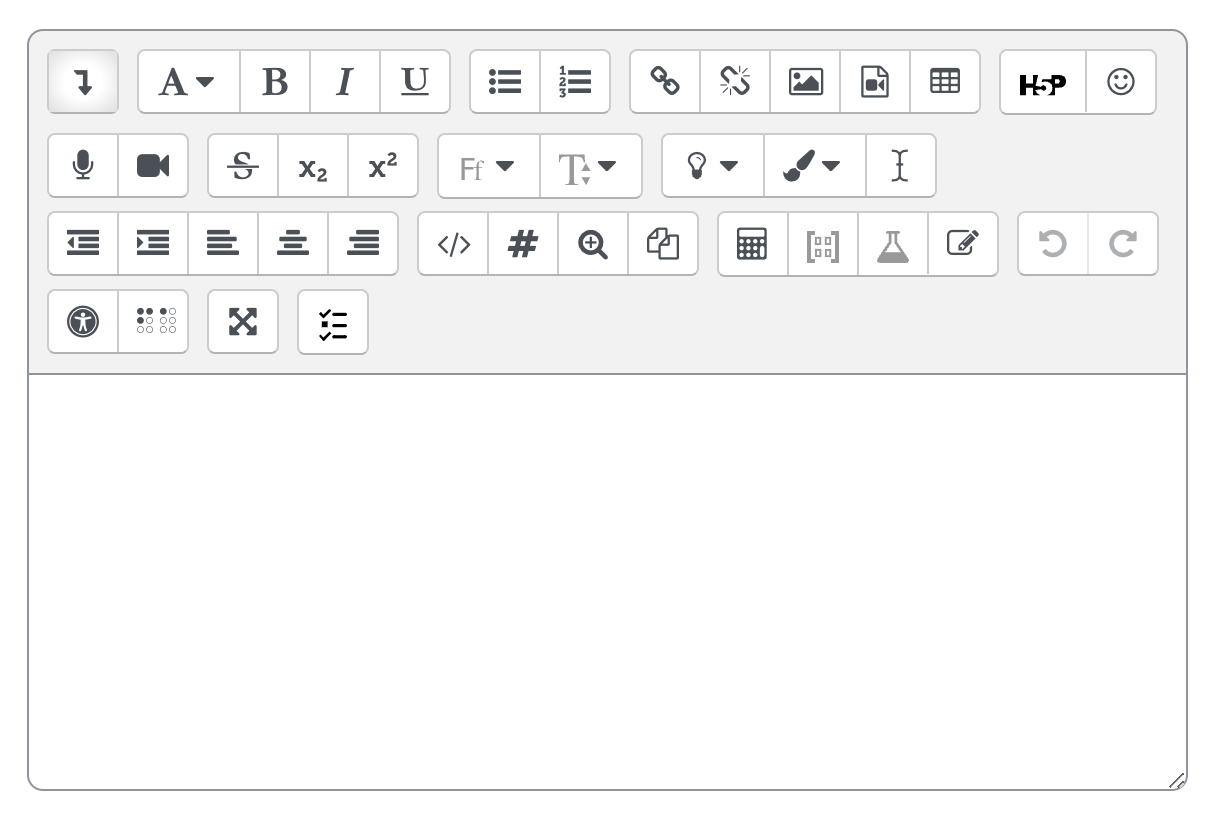 Das Bildschirmfoto zeigt den Text-Editor (Atto) mit Symbolleiste. Man sieht ein mehrzeiliges Editor-Fenster. Darüber ist ein Block mit vier Zeilen mit Symbolen.