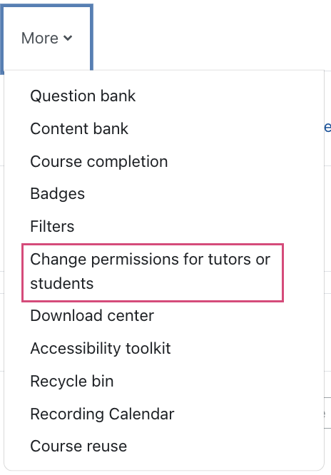 Selecting "Change permissions for tutors or students"in the center menu