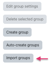 The image shows buttons that can perform group related actions. It starts with "Edit group settings" and "Delete selected group" which are greyed out indicating that they are not accessible. "Create Group", "Auto-create groups", and "Import groups" are the other three buttons, where "Import groups" is highlighted using an arrow.