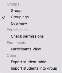 The screenshot shows the dropdown menu with the available actions. The actions "Groups", "Groupings" (highlighted), and "Overview" are summarized under "Groups". "Permissions" offers the action "Check permissions" and "Enrolments" offers "Participants View". Both actions "Export student table" and "Import students into group" are grouped as "Other" actions.