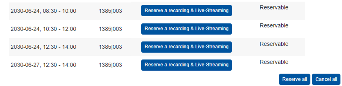 Screenshot: Overview of the options to reserve all the recordings 