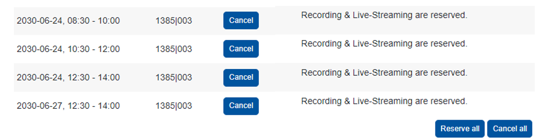 Screenshot: Overview of the options to reserve all the recordings 