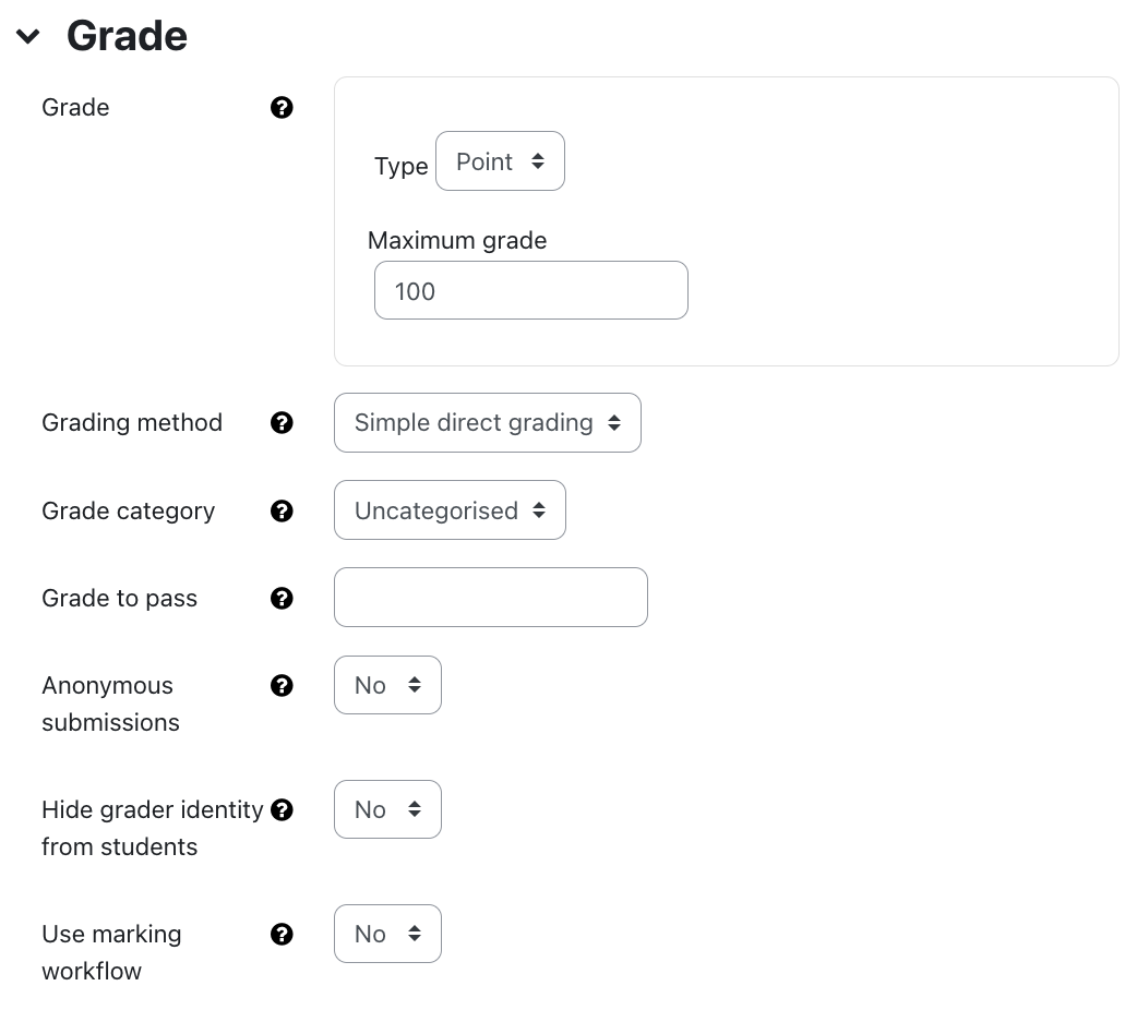 Section "Grade" for assignment settings