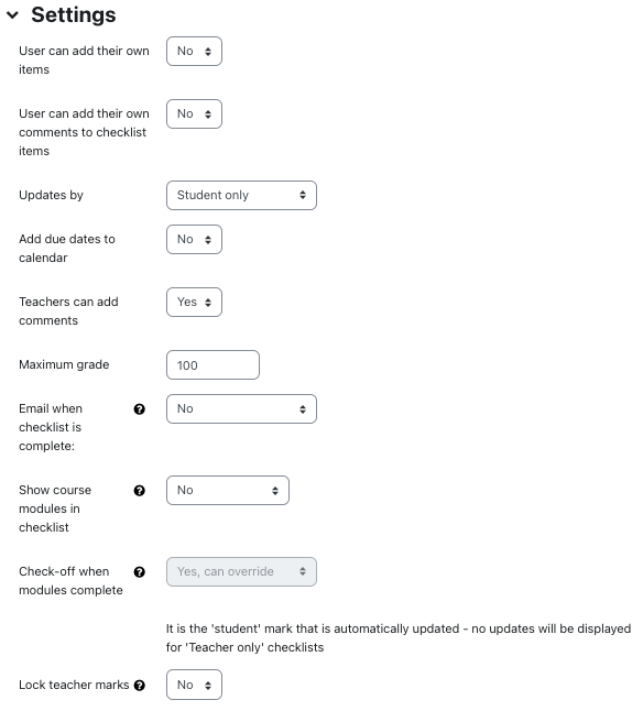 Screenshot: Checklist additional settings