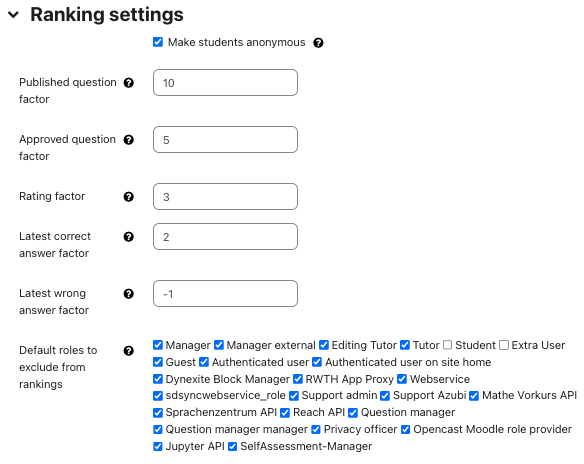 Ranking settings of StudentQuiz
