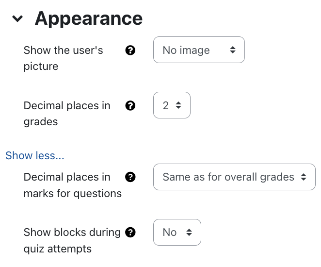 Appearance settings for quiz