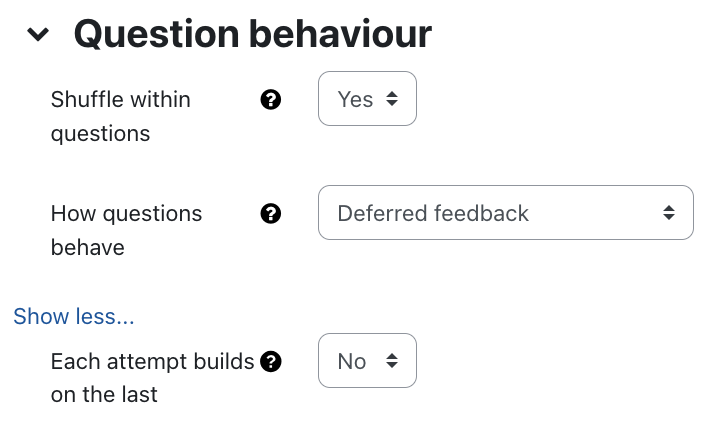 Question behavior settings for quiz