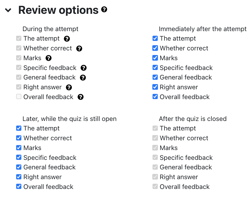 Review options for quiz