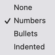 The screenshot shows the list of "Chapter formatting" options, "None", "Numbers" (selected), "Bullets", and "Indented".