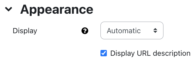 The screenshot shows the "Appearance" settings. The field "Display" offers a dropdown menu showing the "Automatic" selection. The checkbox "Display URL description" is activated.