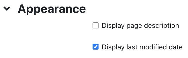 The screenshot shows the "Appearance" settings of the page resource. It has two fields, each with a checkbox. The field "Display page description is not checked, the field "Display last modified date" is checked.
