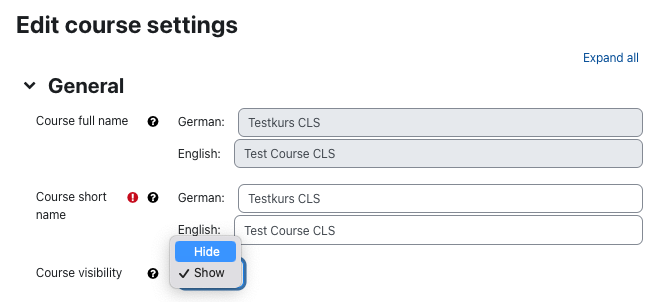 The screenshots show the "Edit course settings" form. In the section "General" the fields "Course full name", "Course short name", and "Course visibility" are available. In the latter there are two options in the dropdown menu available, "Hide" and "Show". "Show" has a checkmark, "Hide" is highlighted.